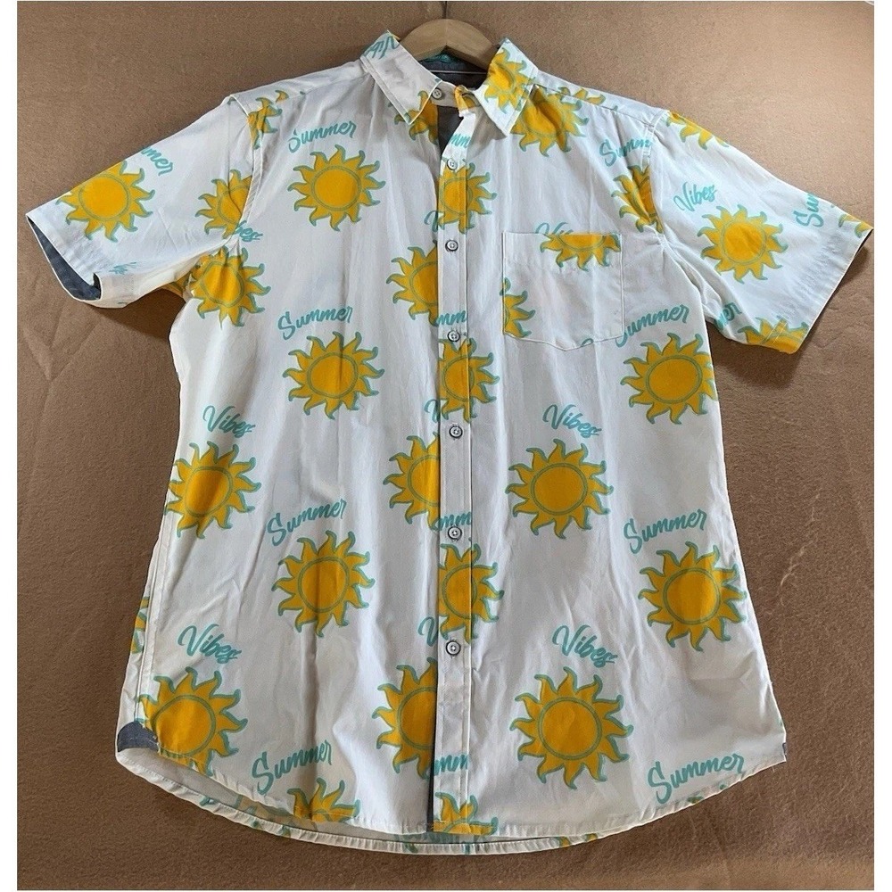 Free Planet Mens Summer Vibes Sun Print Button Down Shirt White Medium